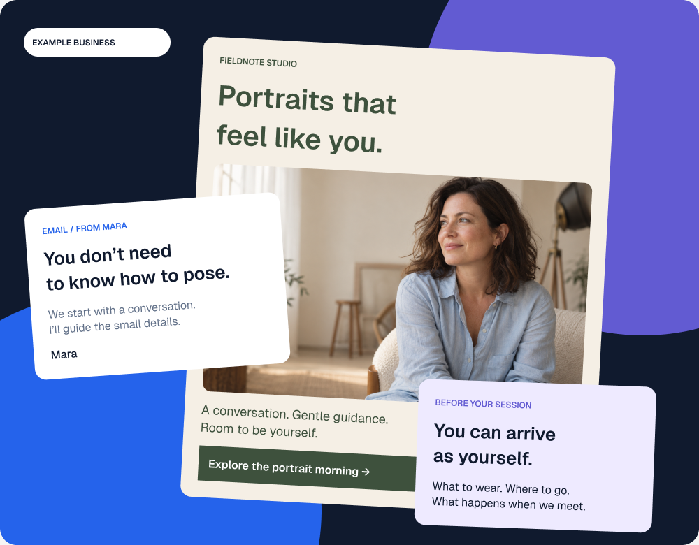 Example business: a portrait offer page with matching follow-up email and customer preparation